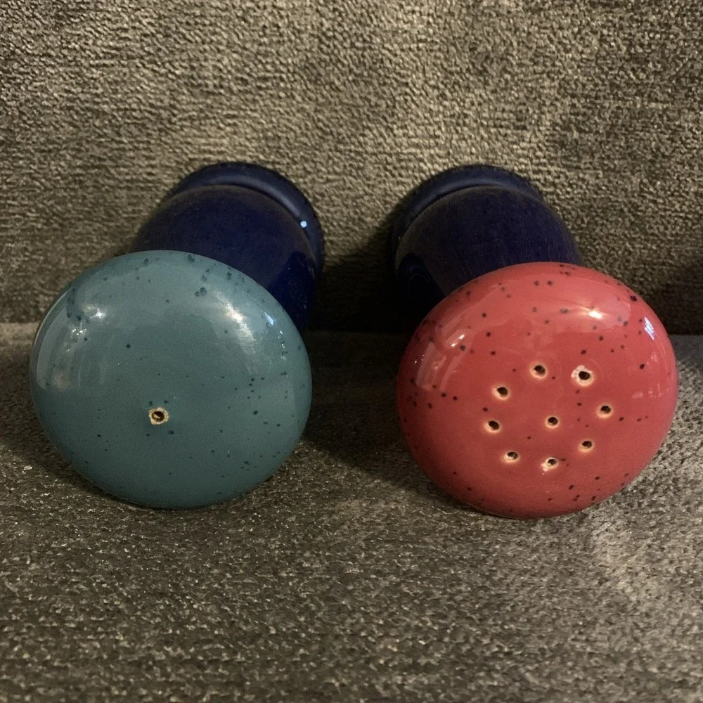 DENBY England Stoneware Red Green Blue Speckled Harlequin Salt Pepper Shaker Set - Picture 2 of 3